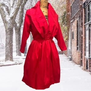 VINTAGE CATHERINE REGEHR red fit flare tulle dress puffy lapels 80s